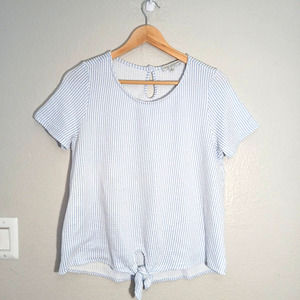 Green Envelope Cotton Stripped Short Sleeve Front Tie Blue White Size L Blouse